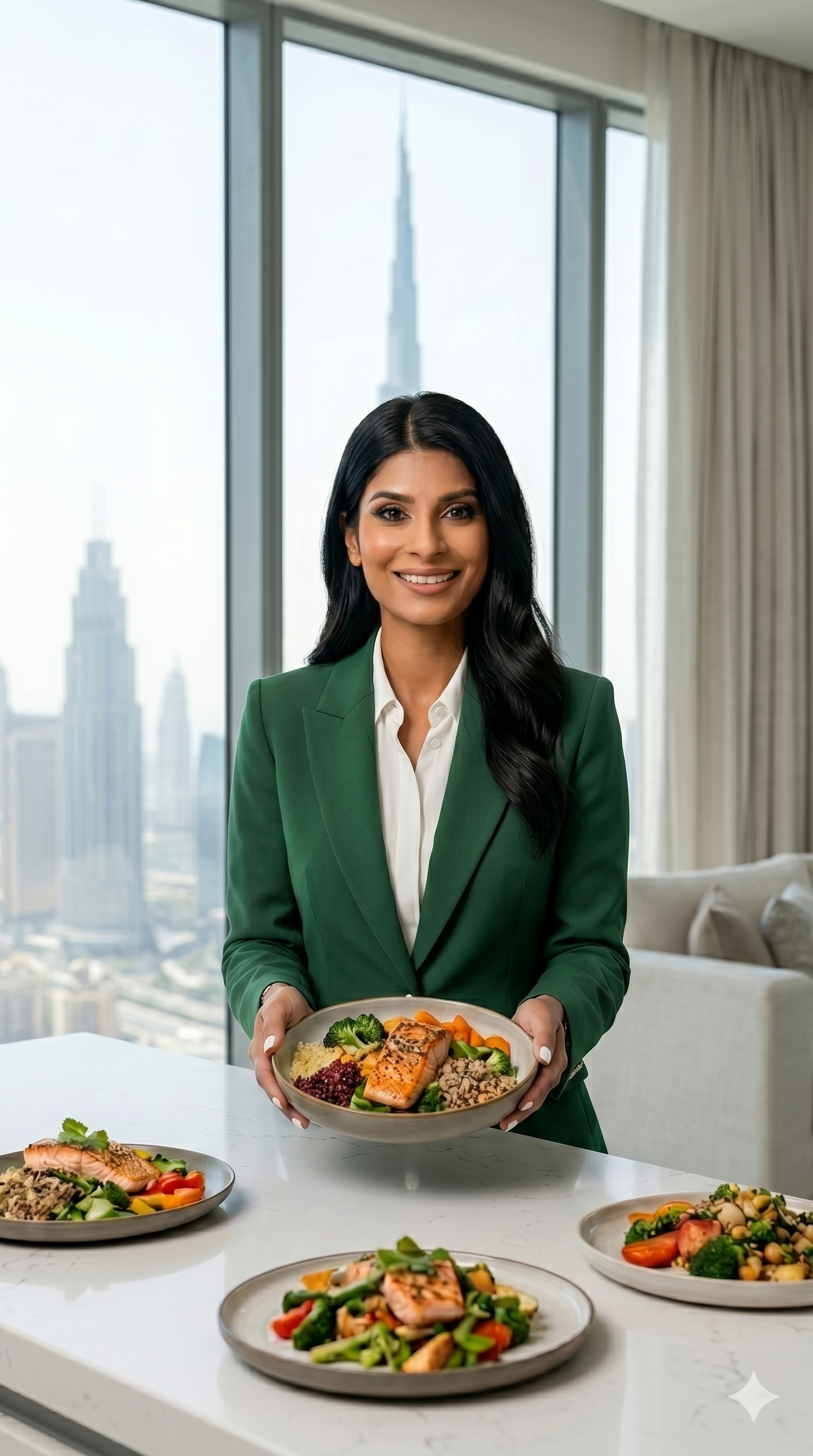 Nutrichef chef presenting freshly prepared meals with the Dubai skyline in the background
