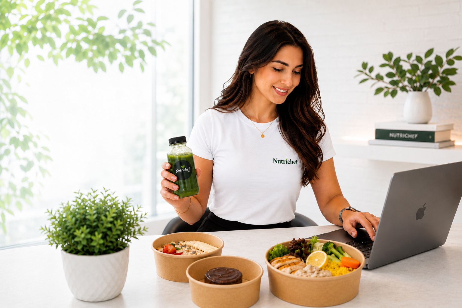 NutriChef brand ambassador Farhana Bodi with fresh meal bowls and a green juice