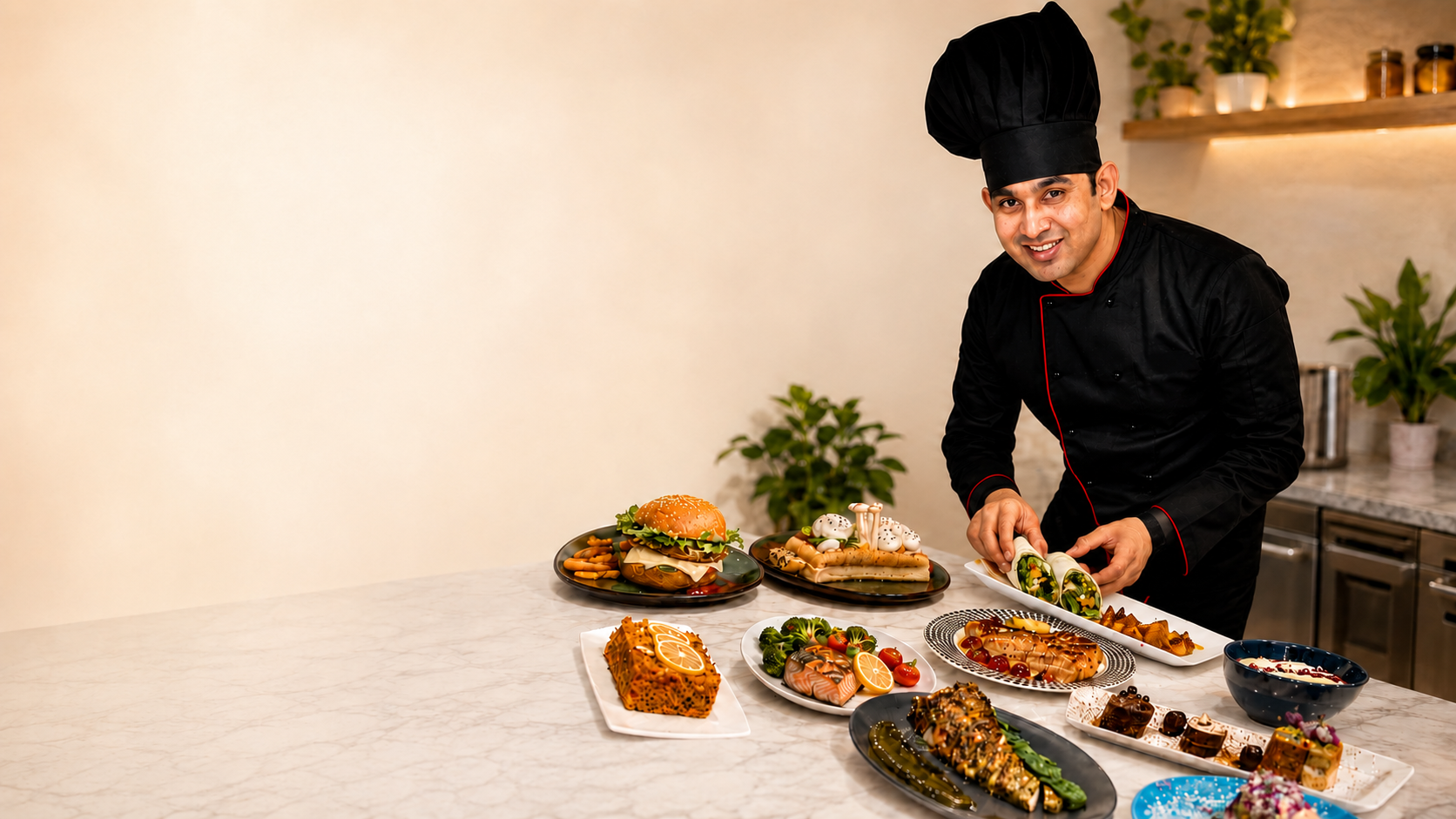 Celebrity Chef Radhey with a spread of NutriChef gourmet dishes