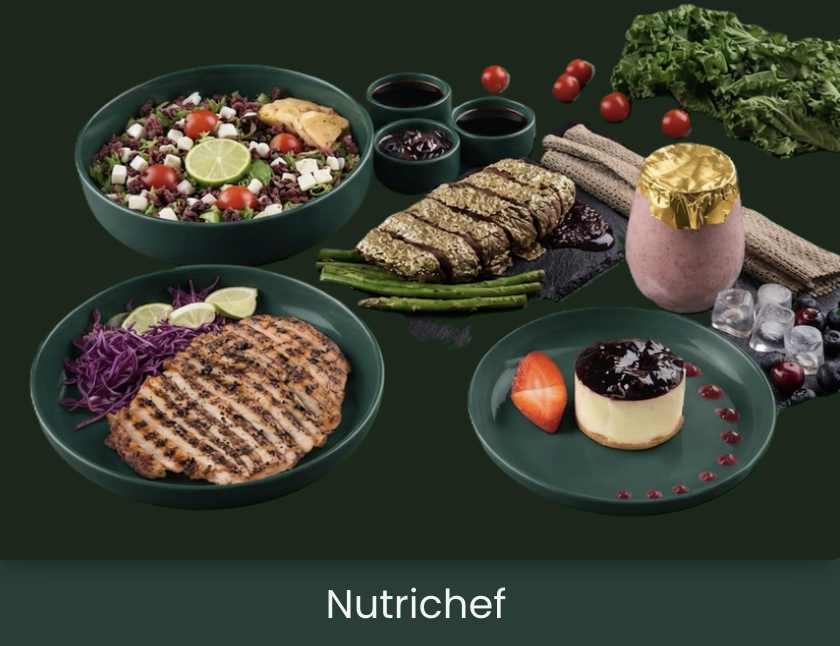 NutriChef meal spread with salads, grilled chicken, steak, dessert and smoothie